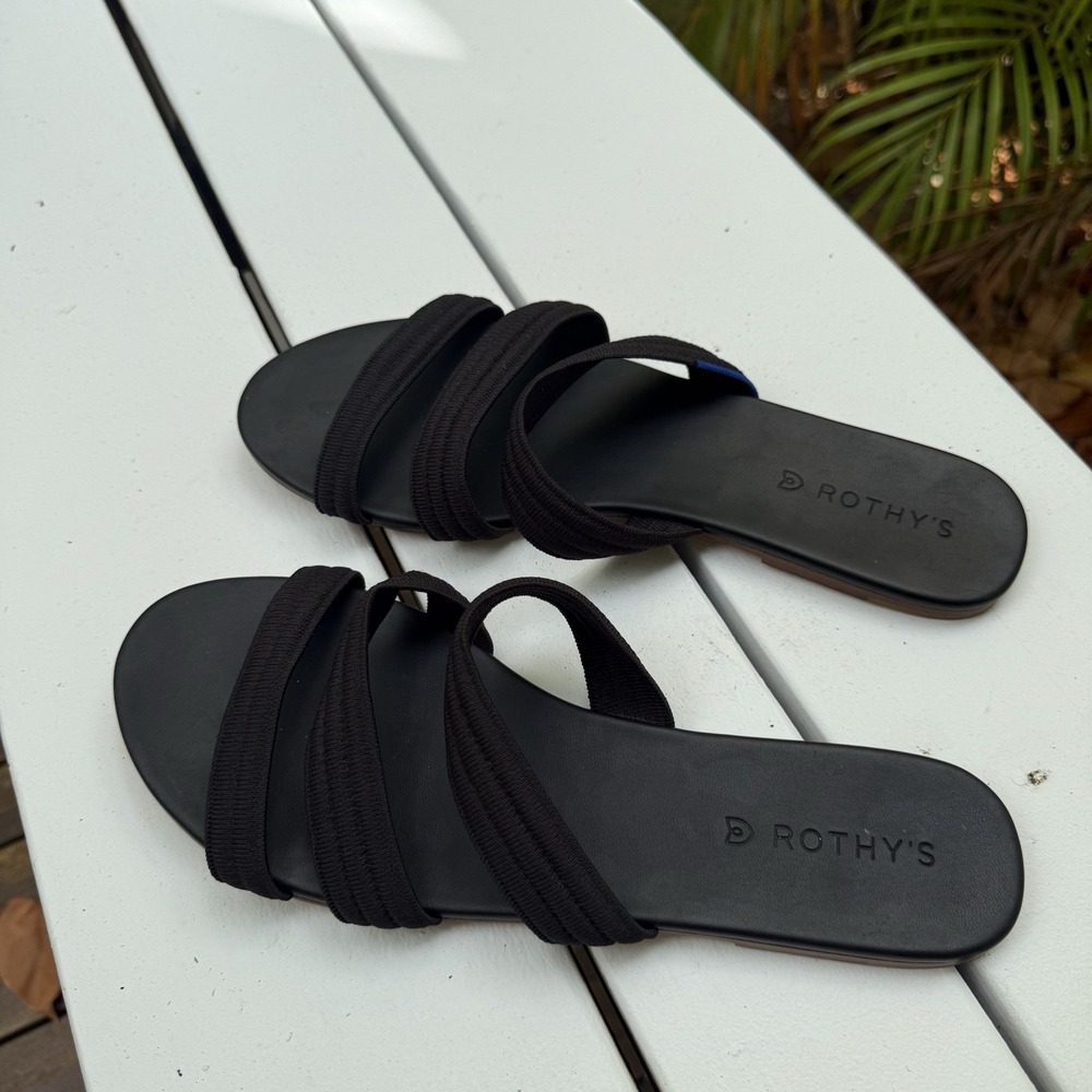 ROTHY'S Triple Band Slip‎ On Flat Sandals Slides Stretchable Black Size US 11